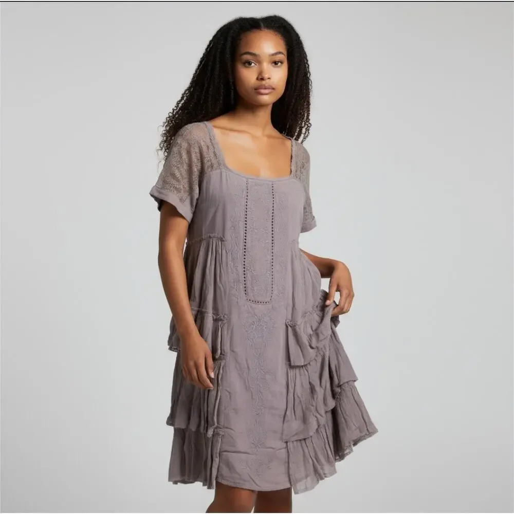 Free People Embroidered Ruffle Tier Dress
